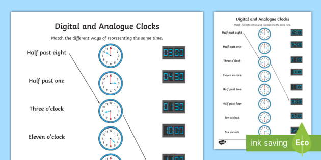 digital and analogue clocks o clock and half past worksheet