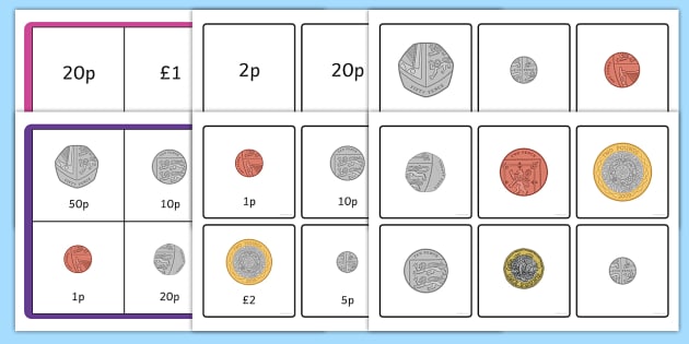 British Money Coin Recognition Matching Bingo Game