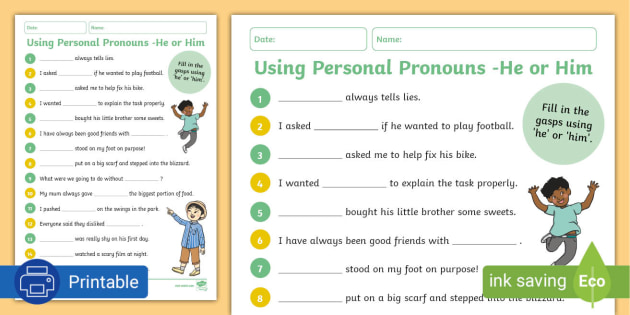 using personal pronouns he or him worksheet teacher made