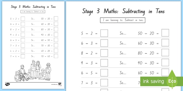 stage 3 maths subtracting in tens worksheet teacher made