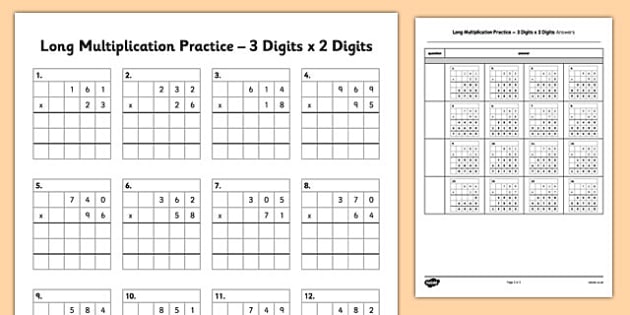 triple and double digit multiplication practice sheet math