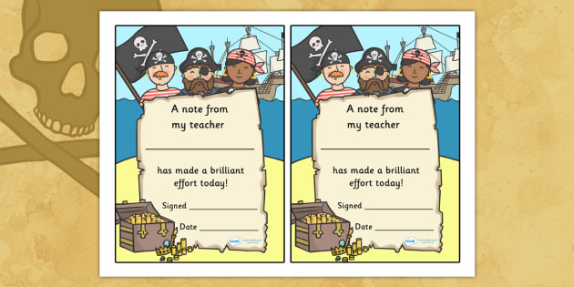 FREE! - Note From Teacher Brilliant Effort (Pirate Themed)