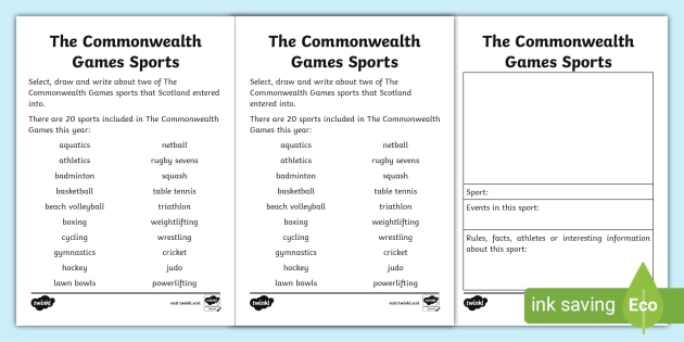 CfE The Commonwealth Games 2018 Writing Worksheet