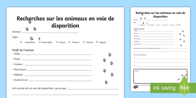 Fiche De Recherches Animaux En Voie De Disparition
