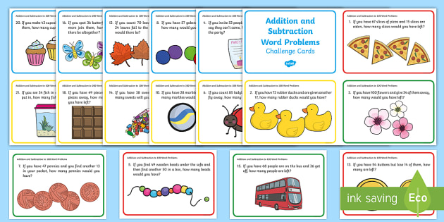 worksheet and kindergarten even odd numbers for Cards 100 Subtraction to and Addition Word Problem Challenge