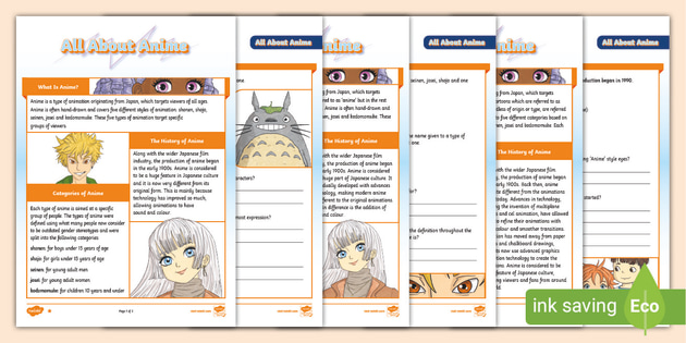 Anime Reading & Matching Activity - ESL worksheet by anniellet