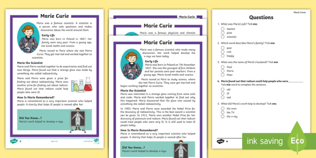 KS1 Marie Curie Differentiated Reading Comprehension Activity
