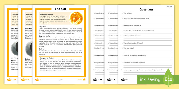 The Sun Differentiated Reading Comprehension Activity