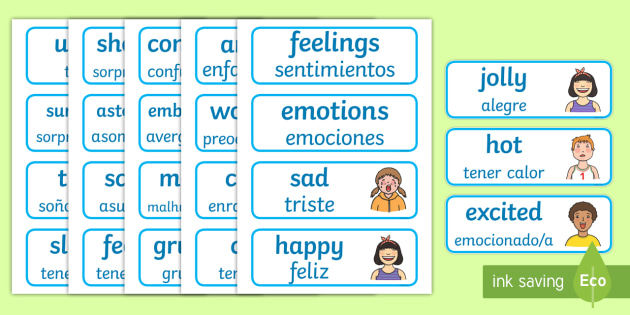 Emotions Word Cards English/Spanish (teacher made) - Twinkl