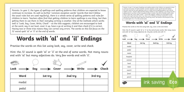 Year 2 Spelling Practice Homework /l/ spelled 'al' and 'il' Worksheet