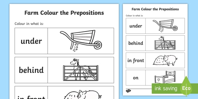 kindergarten pdf preposition worksheet for the Farm farm position,  Prepositions Colour  Worksheet