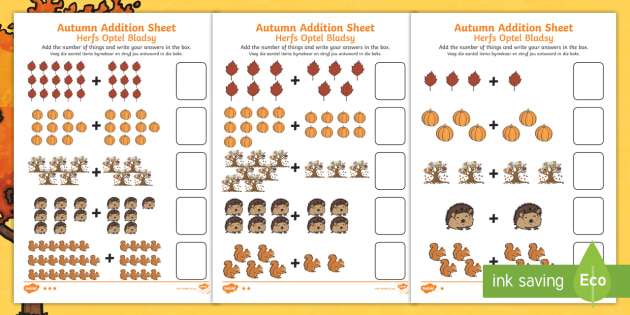 autumn addition worksheet english afrikaans teacher made