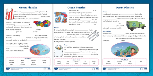 KS1 Ocean Plastics Fill In The Blanks Cloze Procedure