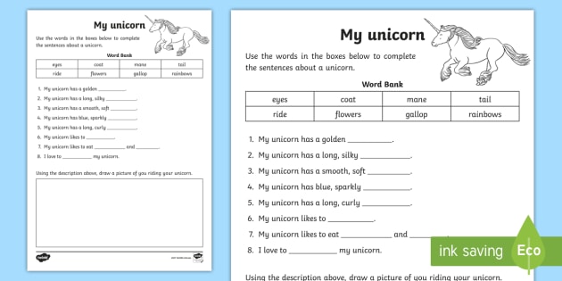 my unicorn cloze worksheet activity sheet pre primary