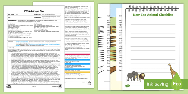 Kindergarten New Zoo Animal Checklist Adult Input Plan and Resource Pack