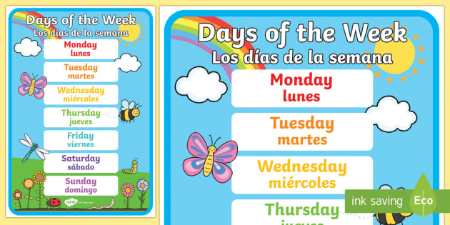 Days Of The Week A2 Display Poster English Spanish Days Of The Week 