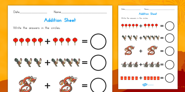 FREE! - Chinese New Year Addition Worksheet (teacher made)