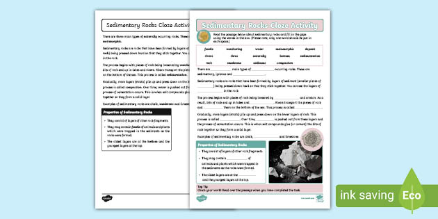 Sedimentary Rocks Worksheet PDF KS2 Cloze Activity