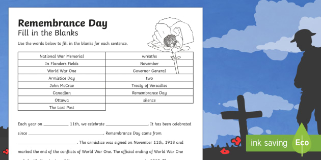 fill in the gaps remembrance day worksheet canada