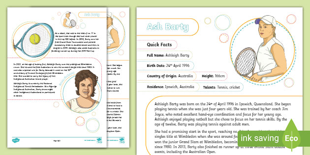 Ash Barty Biography Fact File - HASS Year 6