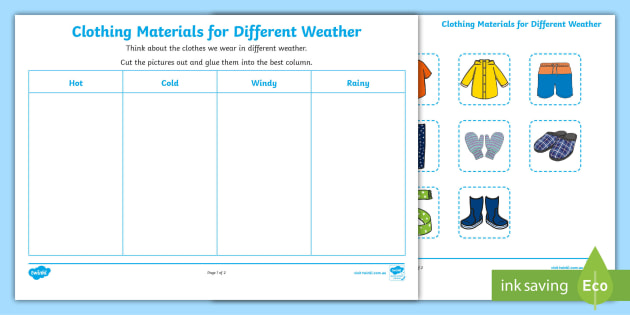 Clothing Materials for Different Weather Sorting Worksheet