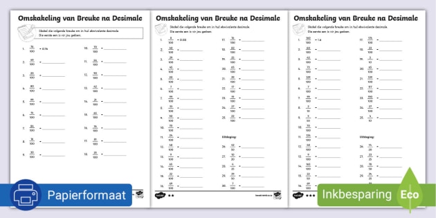 Omskakeling van Breuke na Desimale Gedifferensieerde Werkkaarte