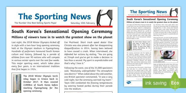 KS2 Winter Olympics 2018 WAGOLL Example Newspaper Report