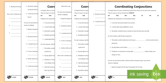 Coordinating Conjunctions Fanboys Differentiated Worksheet