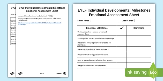 Eylf Individual Developmental Milestones Emotional Assessment Sheet 1434