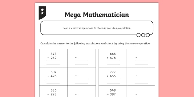 using the inverse operation for three digit number calculations worksheet