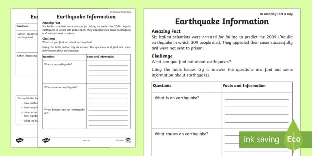 Earthquake Information Worksheet / Worksheet (Teacher-Made)