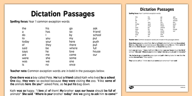 dictation passages year 1 exception words guide