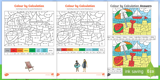 ks2 summer themed addition and subtraction colour by calculation worksheets
