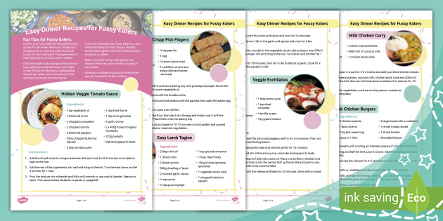Easy Dinner Recipes for Fussy Eaters (teacher made)