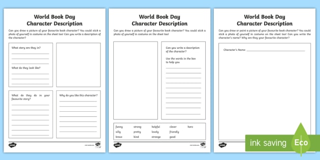 free world book day character description worksheets