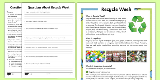 KS2 Recycle Week Differentiated Reading Prehension Activity