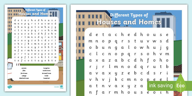 Different Types of Homes Word Search (teacher made)
