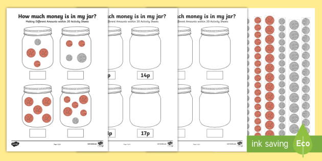how much money is in my jar making different amounts within 20 worksheets