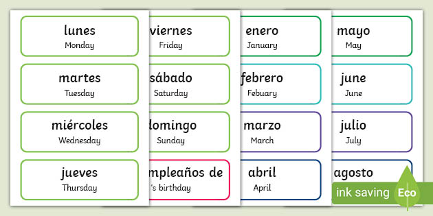 days of the week months of the year labels english spanish days of the