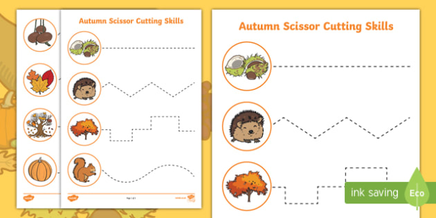 Autumn Themed Cutting Skills Worksheet / Worksheets