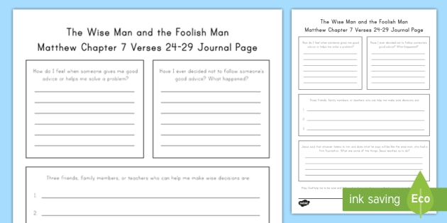 The Parable Of The Wise Man And The Foolish Man Journal Writing Activity