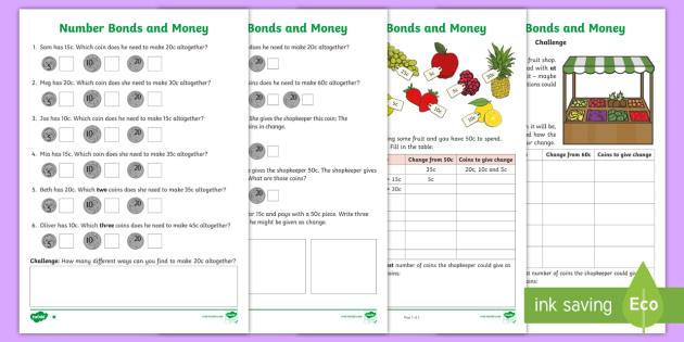 australia year 2 maths number bonds and money homework worksheet worksheet