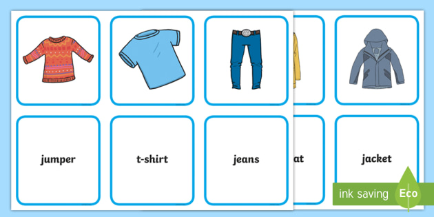 A2 Tarjetas de vocabulario: Ropa - inglés (teacher made)