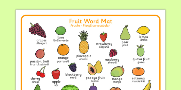 Fruit Word Mat Romanian Translation - romanian, Fruit words