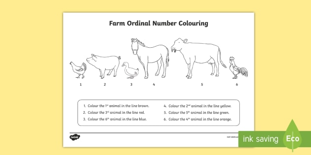 farm animals colouring and ordinal number worksheet