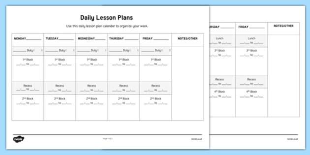 Daily Lesson Plans Week To A Page Calendar Teacher Made