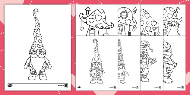Gnome Valentine's Coloring Sheets, Art Pages