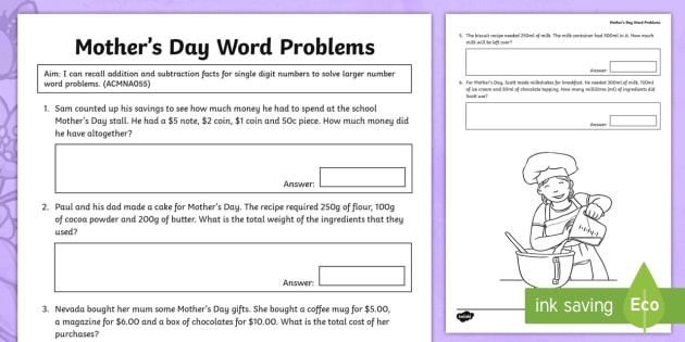 Year 3 Mother's Day Addition And Subtraction Word Problems Worksheet /