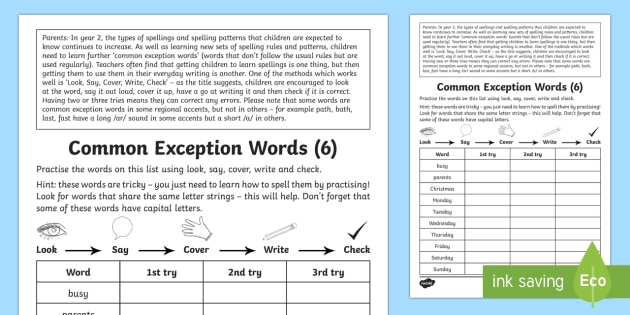 Year 2 Spelling Practice Common Exception Words (6) Homework Worksheet