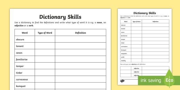 Dictionary Skills Word Table Worksheet (teacher made)